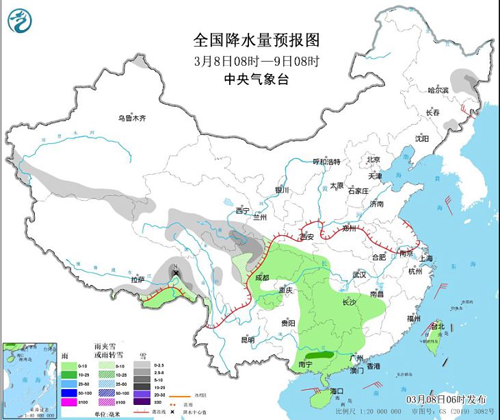 西藏青海将有雨夹雪天气 广西广东等地有暴雨